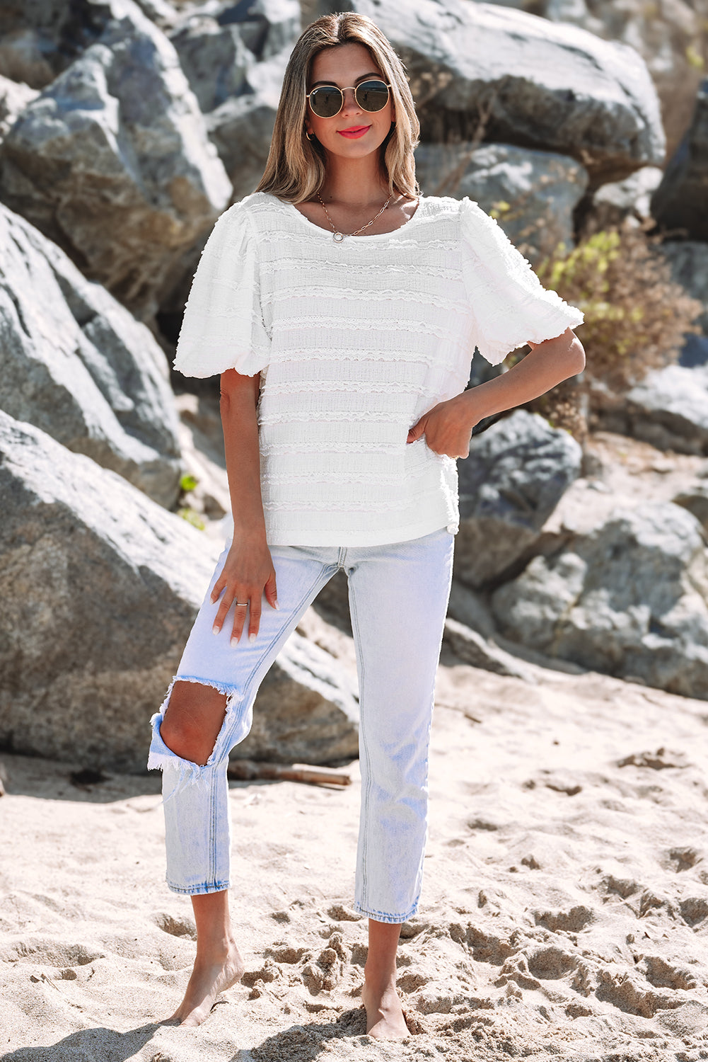 Frilled Lace Trim Bubble Sleeve Blouse