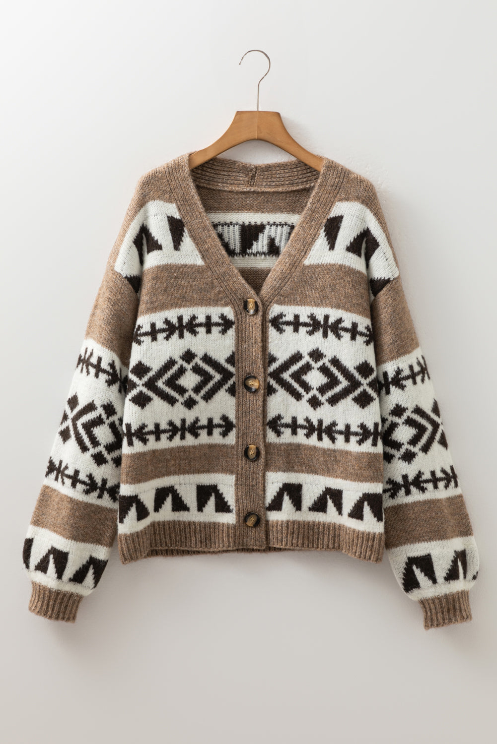 Ethnic Button Geometric Pattern Front V-Neck Cardigan Knit Top