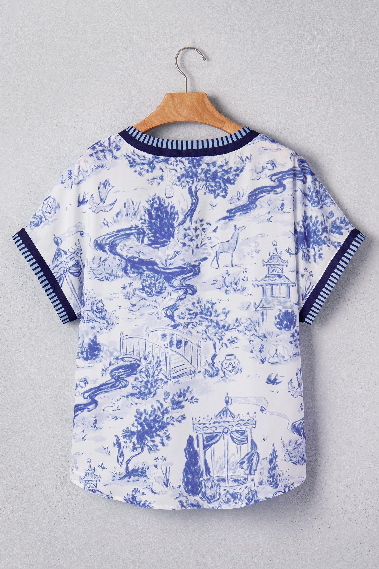 Animal Paradise Wild Paradise Striped Trim V-Neck Short-Sleeved Blouse in Blue