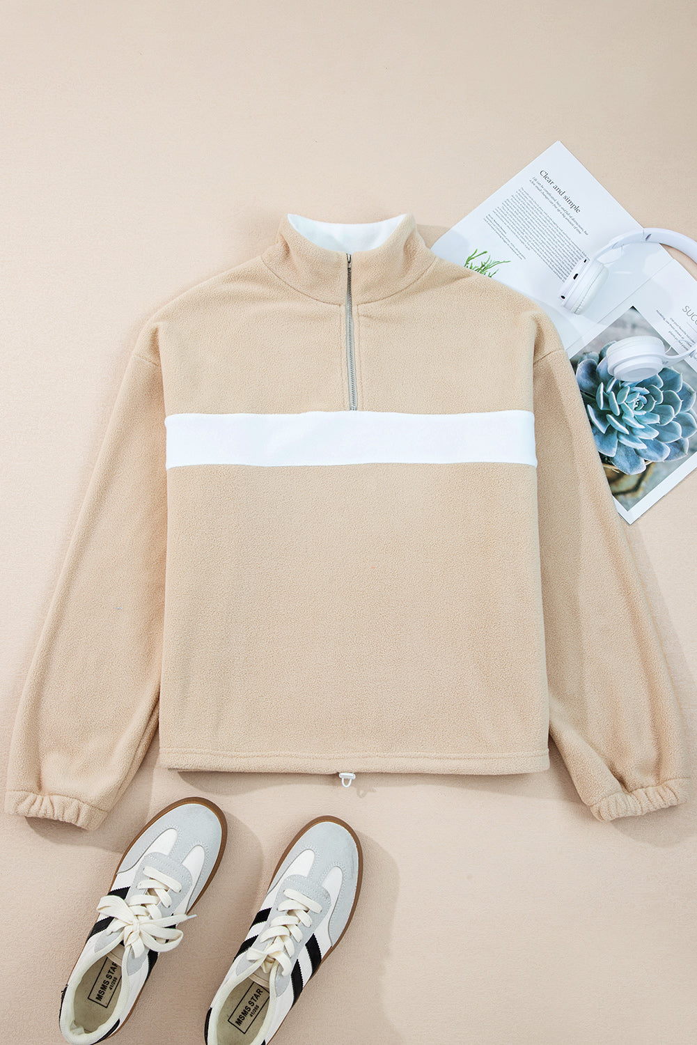 Fleece Zip Colorblock Patchwork Neck Pullover Sweatshirt