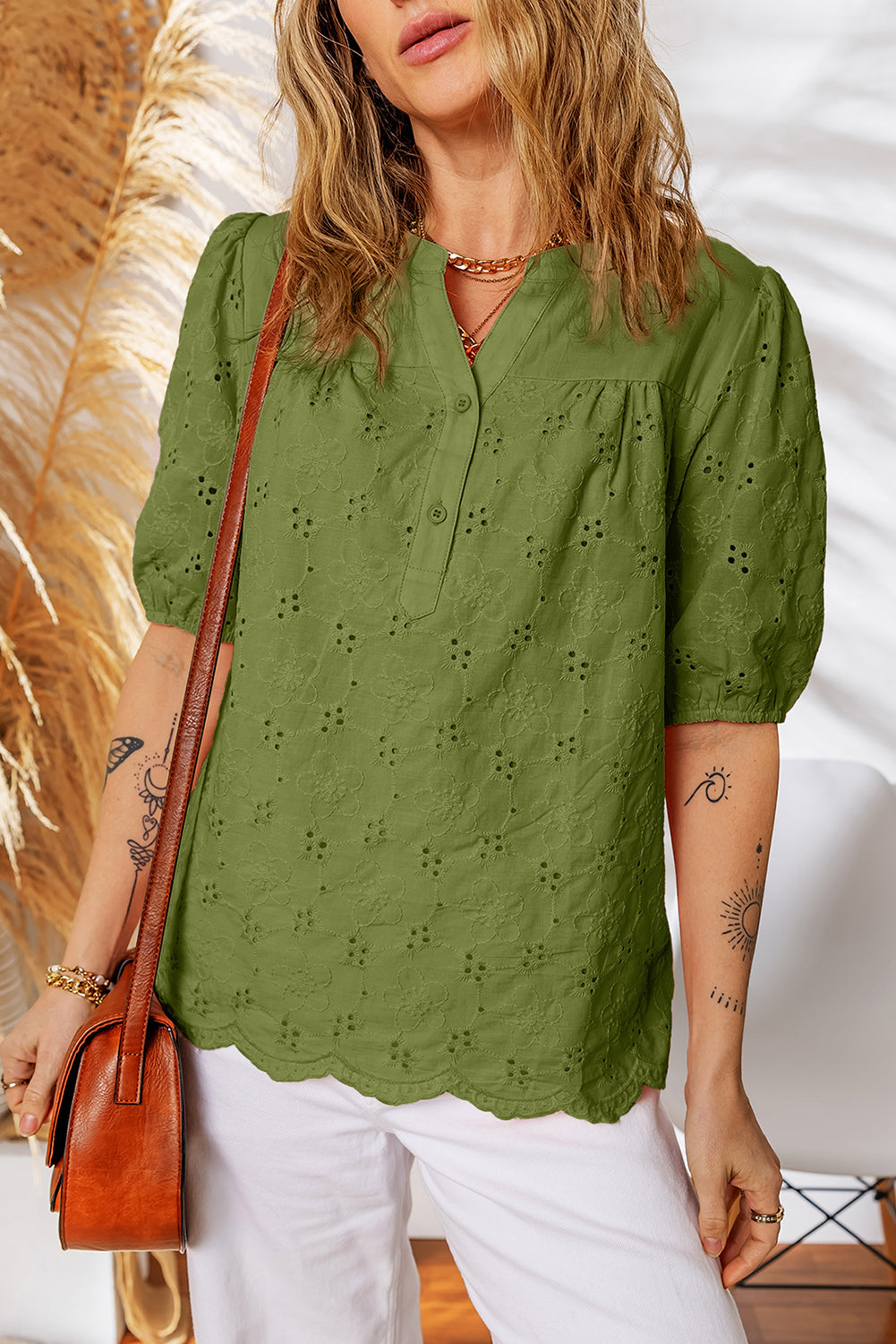 Crochet V-Neck Lace V-Neck Half Sleeve Embroidery Button Down Blouses Everyday Shirts