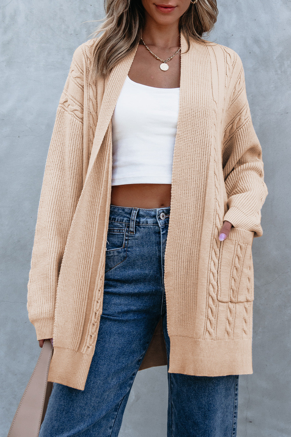Cable Oversize Chunky Knit Open-Front Midi-length Cardigan
