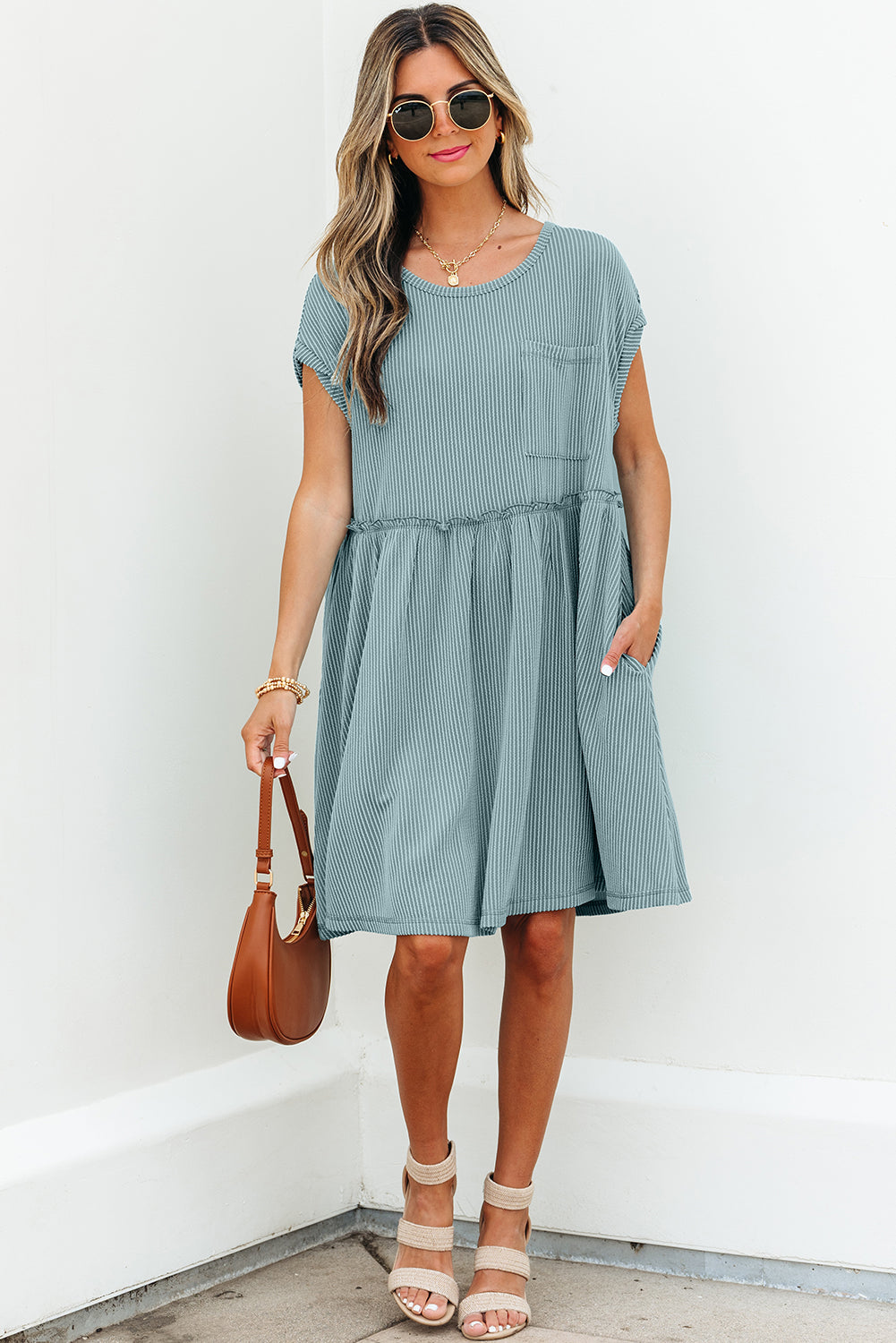 Knit Textured Corded Textured Patched Pocket Frilled Swing Mini Dress Featuring Pockets