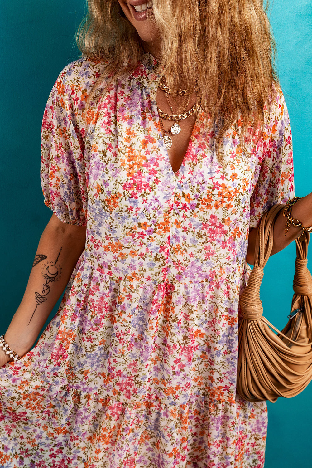 Floral Puff Sleeve Notched V Neck Tiered Mini Dress