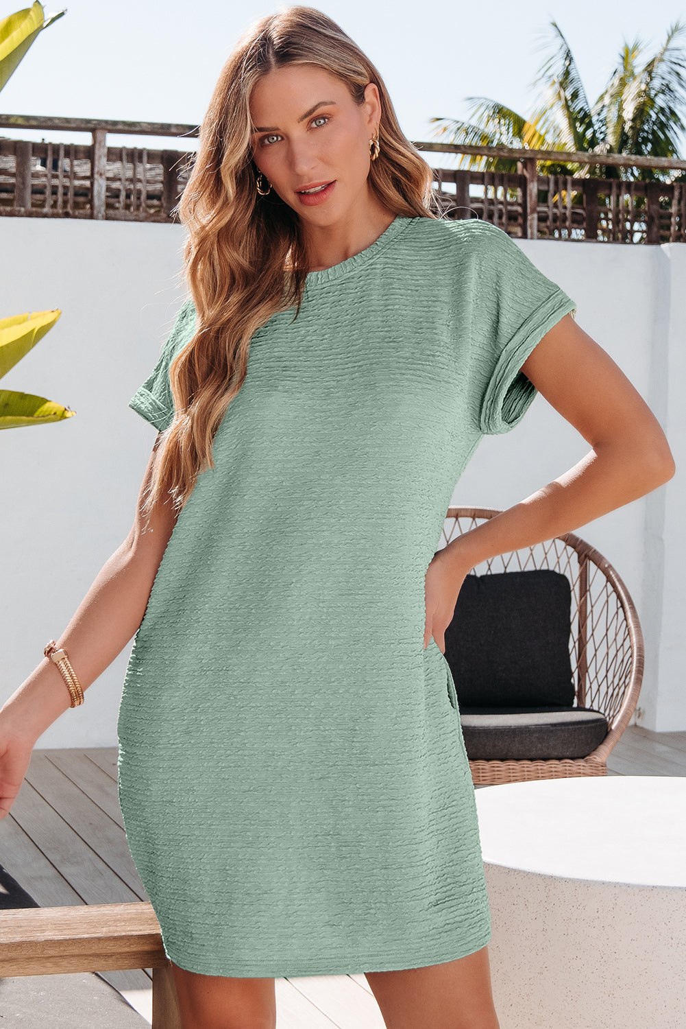 Crinkle Solid Textured Short-Sleeved T Shirt Dress