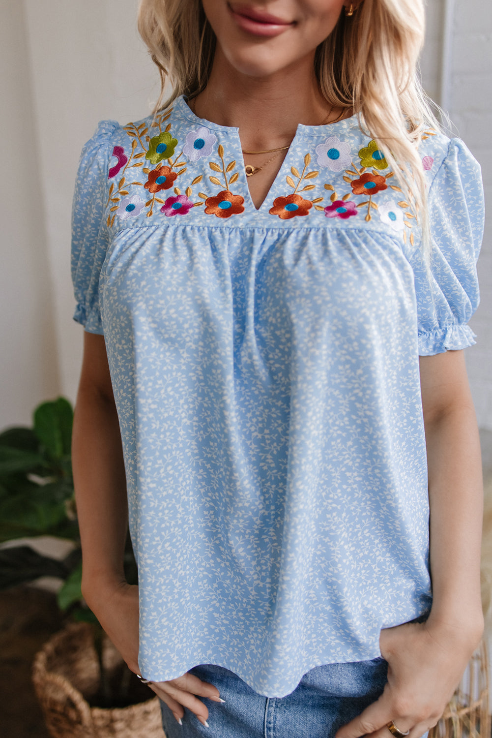 Sky Blue Floral Embroidered Notched V Neck Blouse