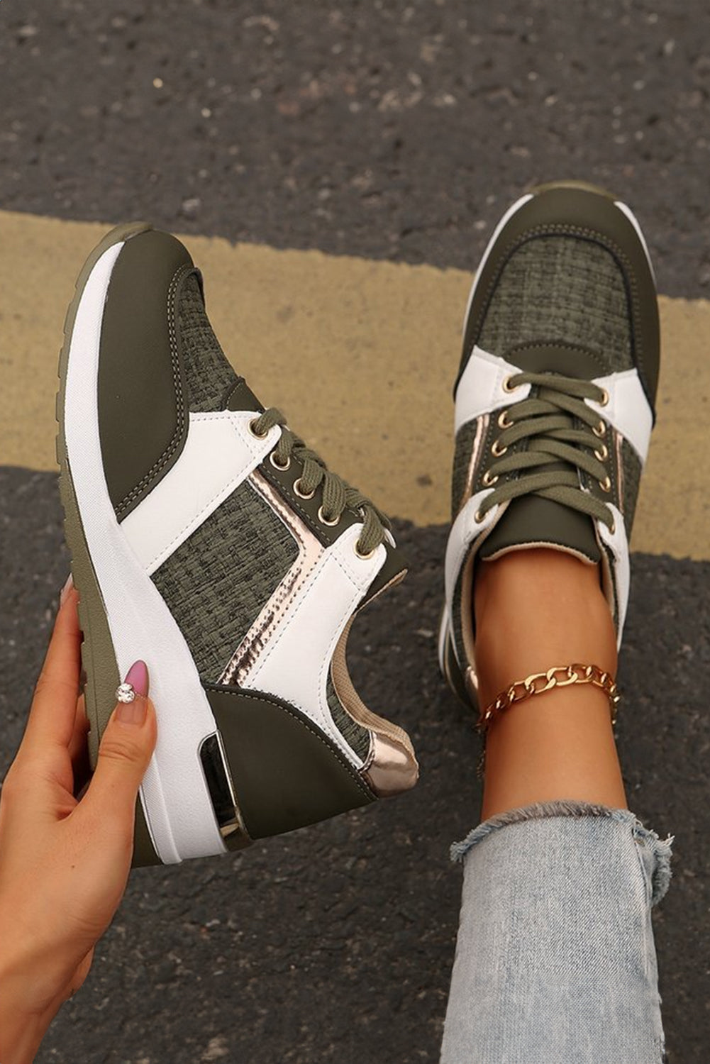 Glitter Patched Lace-up Wedge Sneakers