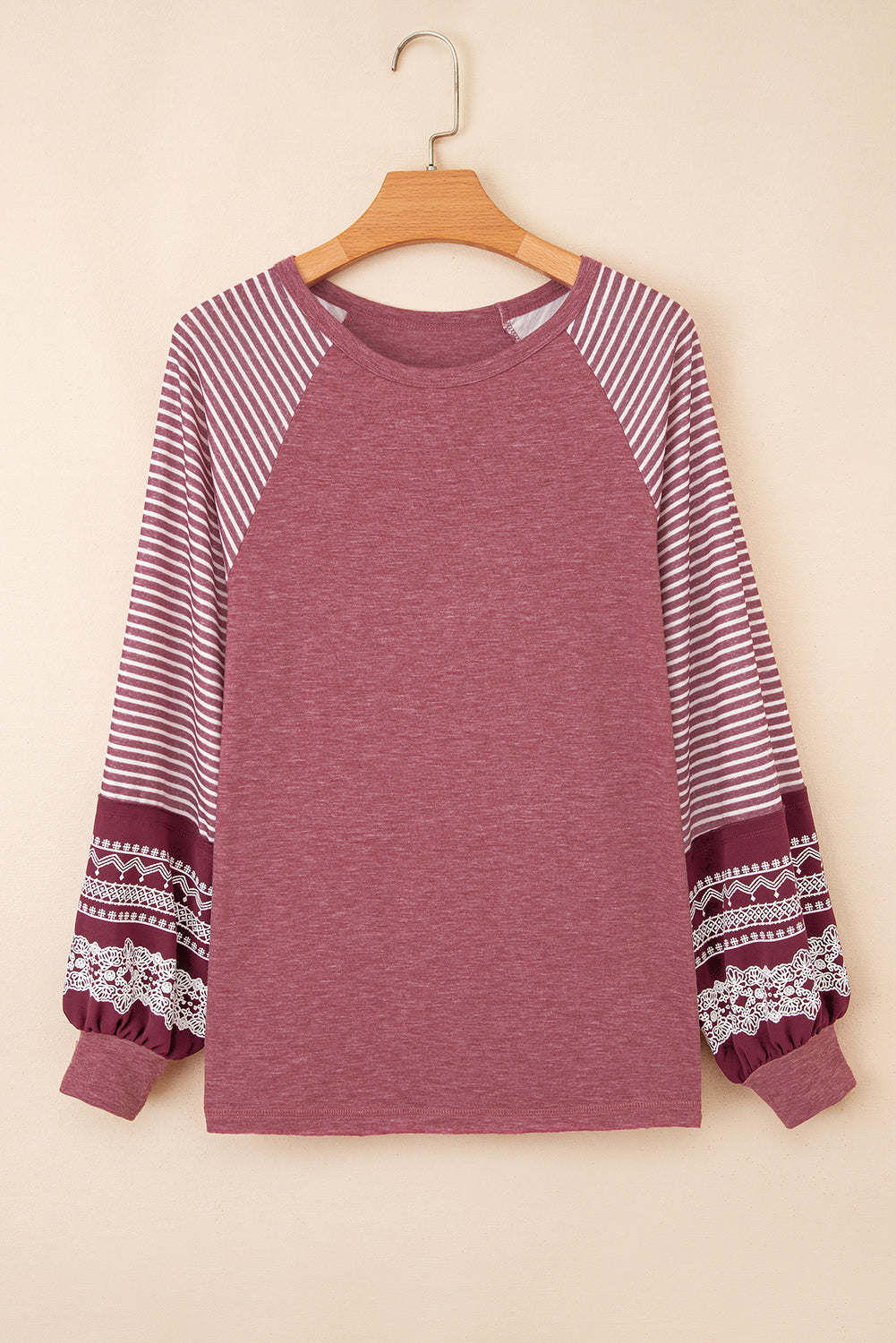 Contrast Print Striped Raglan Long-Sleeved Loose Top in Burgundy