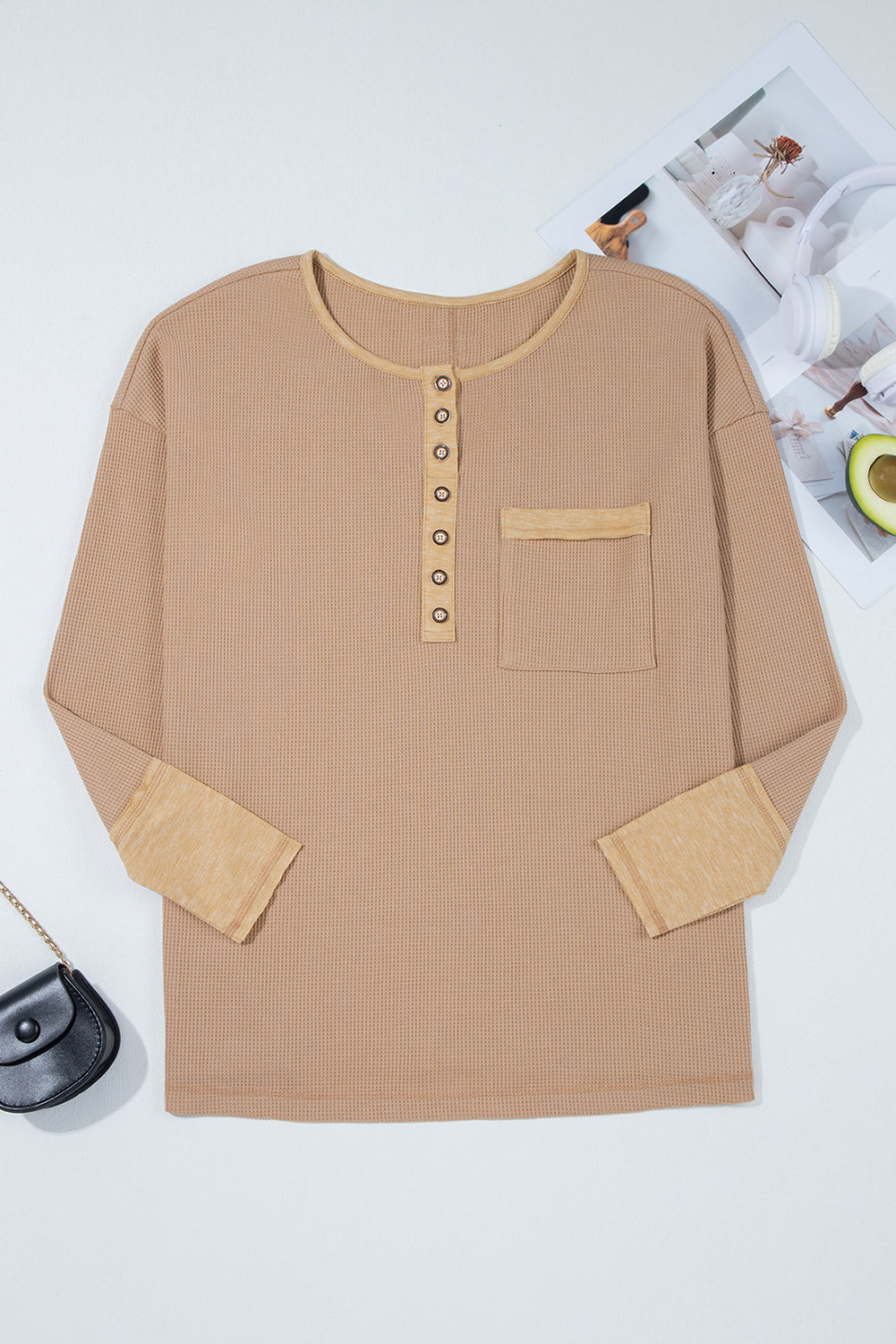 Waffle Textured Colorblock Textured Tunic Henley Cotton Top in Khaki