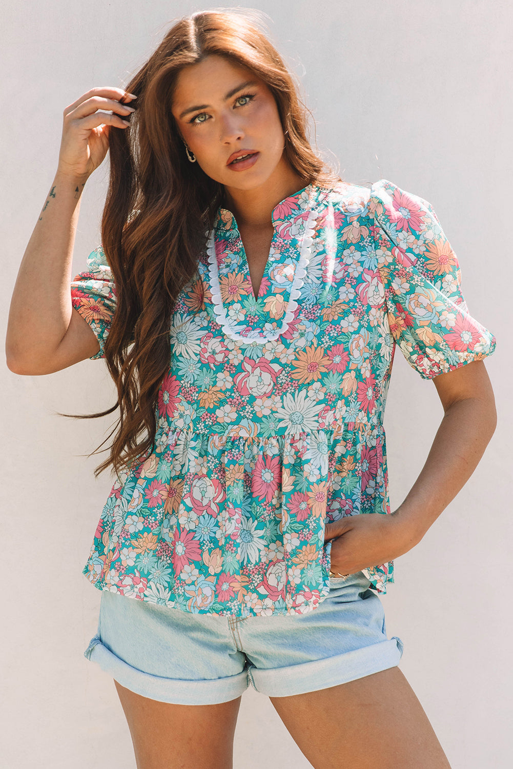 Notched Neck Puff Short Sleeve Floral Blouse