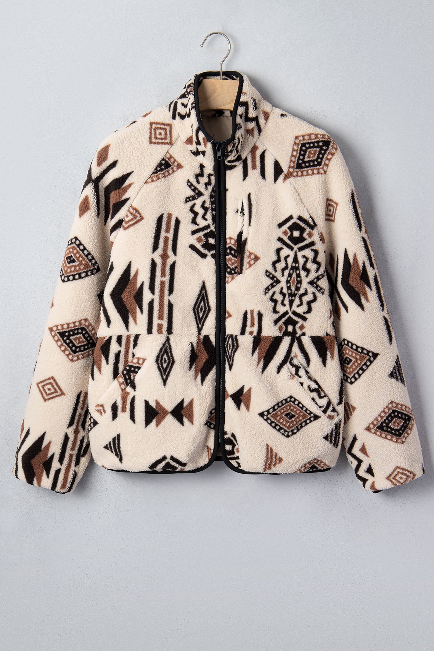Geometric Print Zip-Front Placket Binding Tape Jacket in Beige
