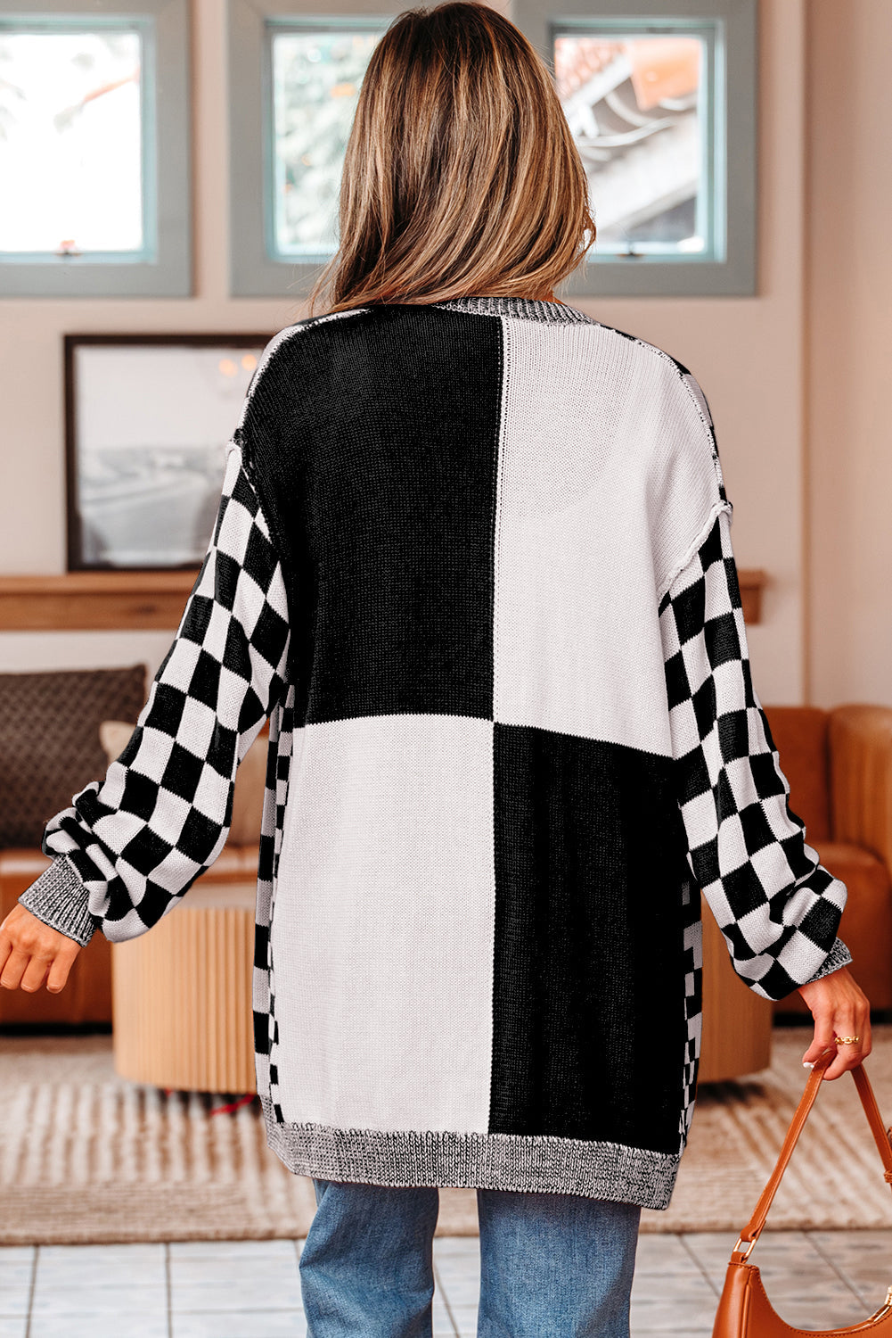 Checkered Open-Front Drop-Shoulder Cardigan in Black