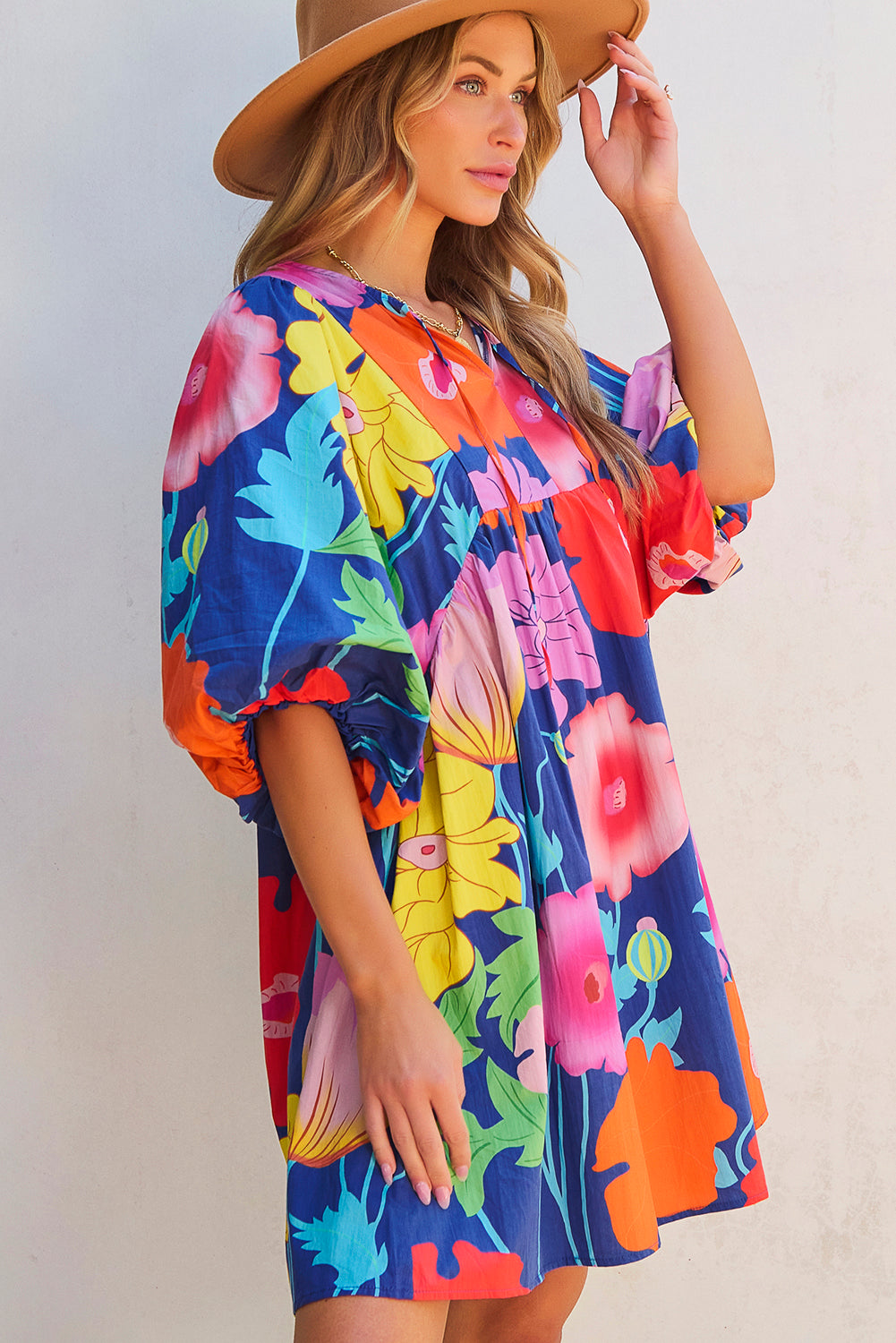 Floral-Print Split Neck Babydoll Dress