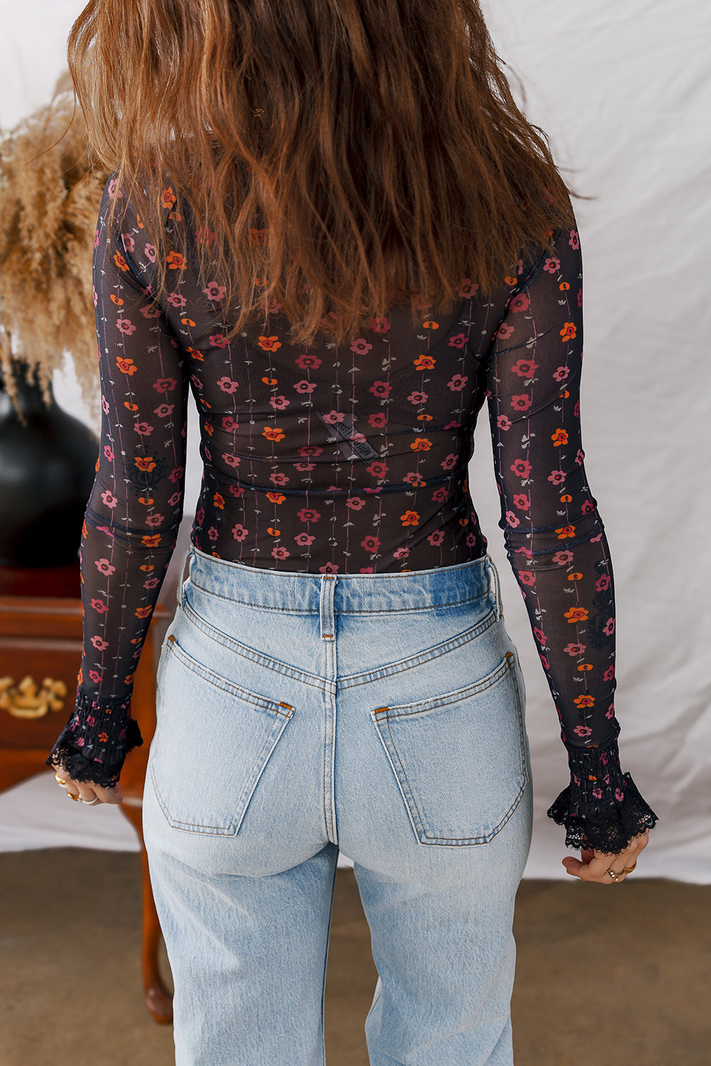 Smocked Cuff Floral-Print Cuff Slim Fit Mesh Bodysuit
