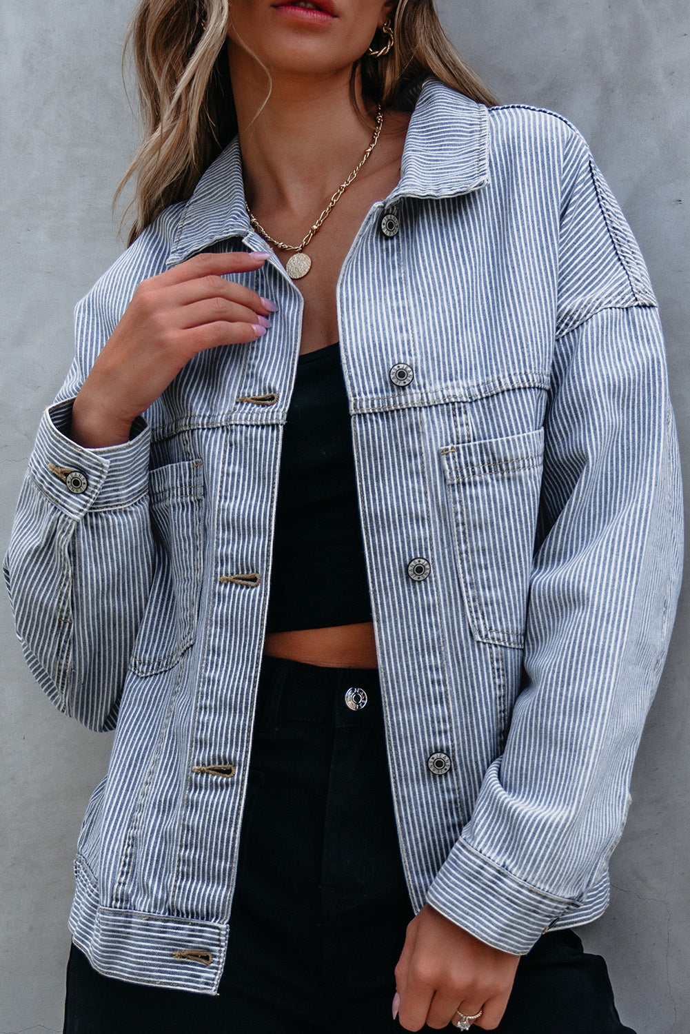 Denim Jacket: Washed Oversize Pocket-Detail