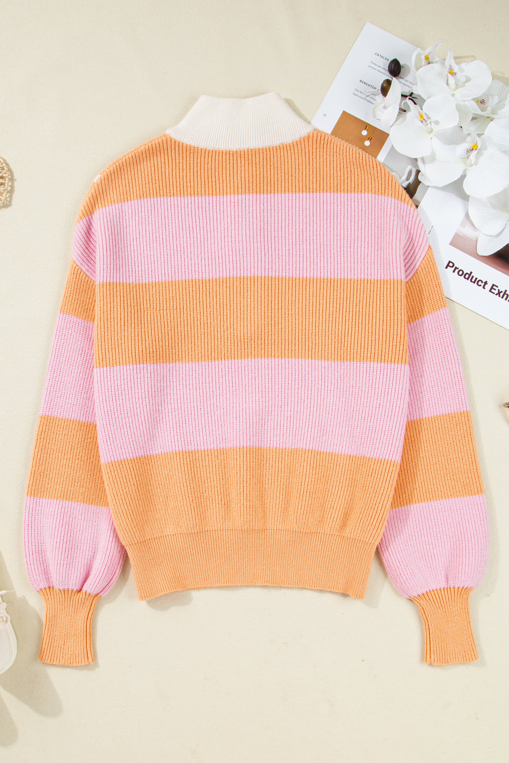 Half Zip Colorblock Zip Oversize Knit Top in Orange