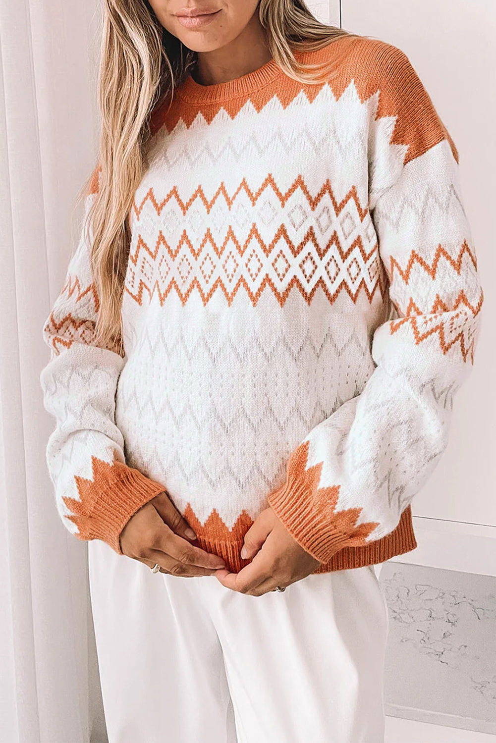 Zigzag Geometric Pattern Knit Pullover Knit Top