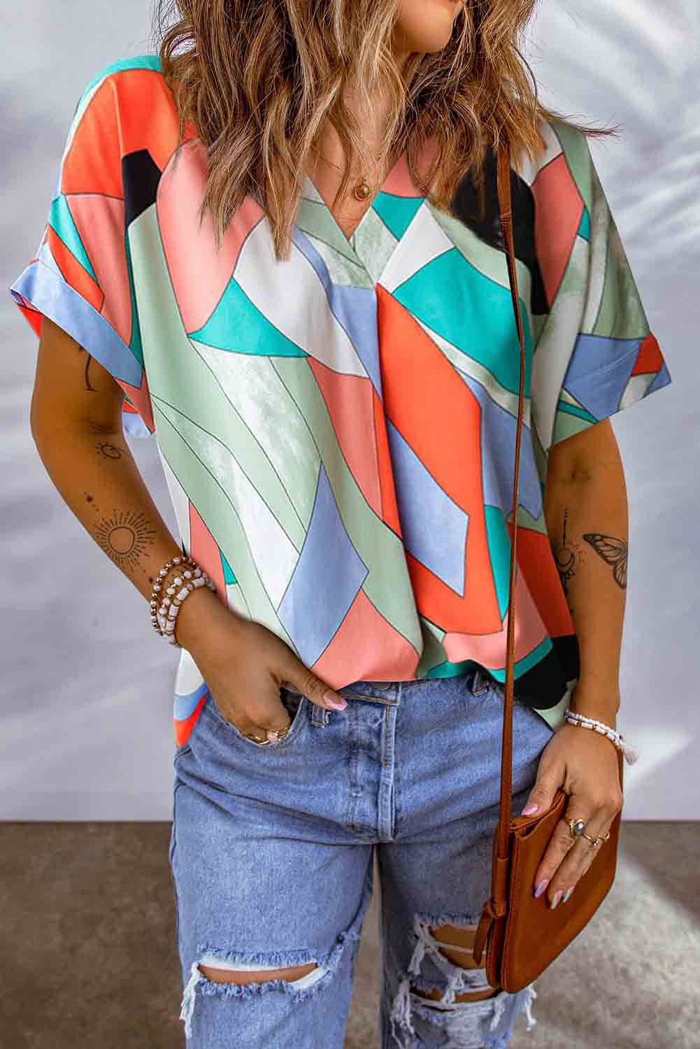 Women's Blouse Featuring Short-Sleeve Multicolor Irregular Color-Block Printed