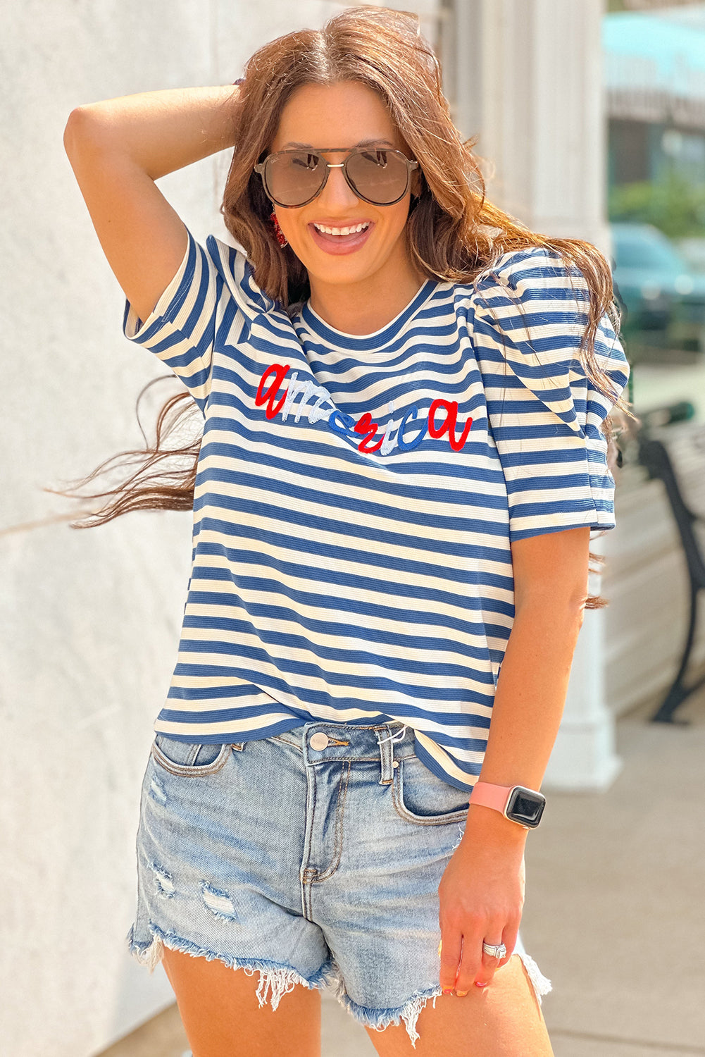 Blue Stripe America Cursive Graphic T-shirt