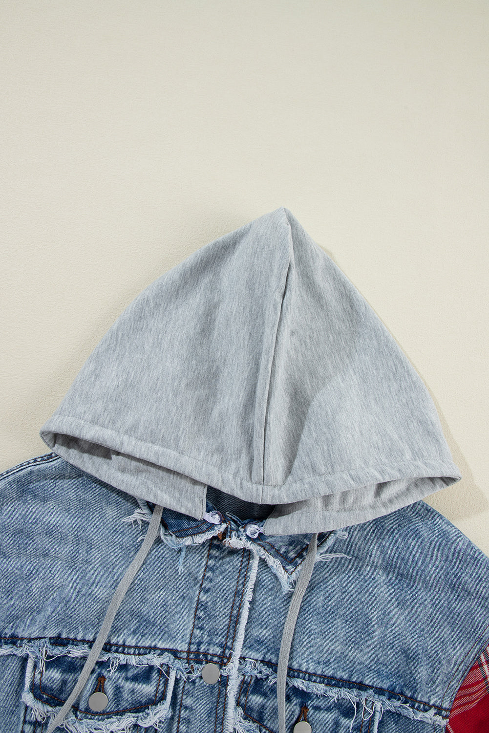 Plaid Hooded Print Patchwork Raw Hem Denim Jacket in Beau Blue