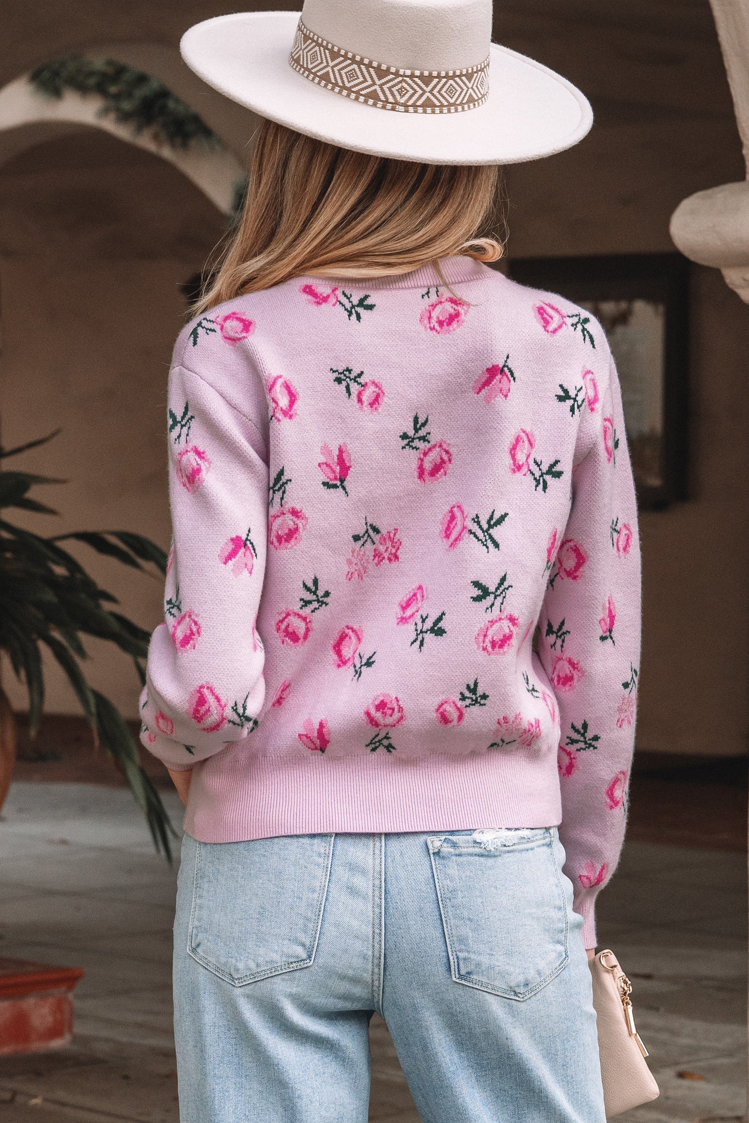 Drop-Shoulder Sweet Floral-Print Cropped Knit Top