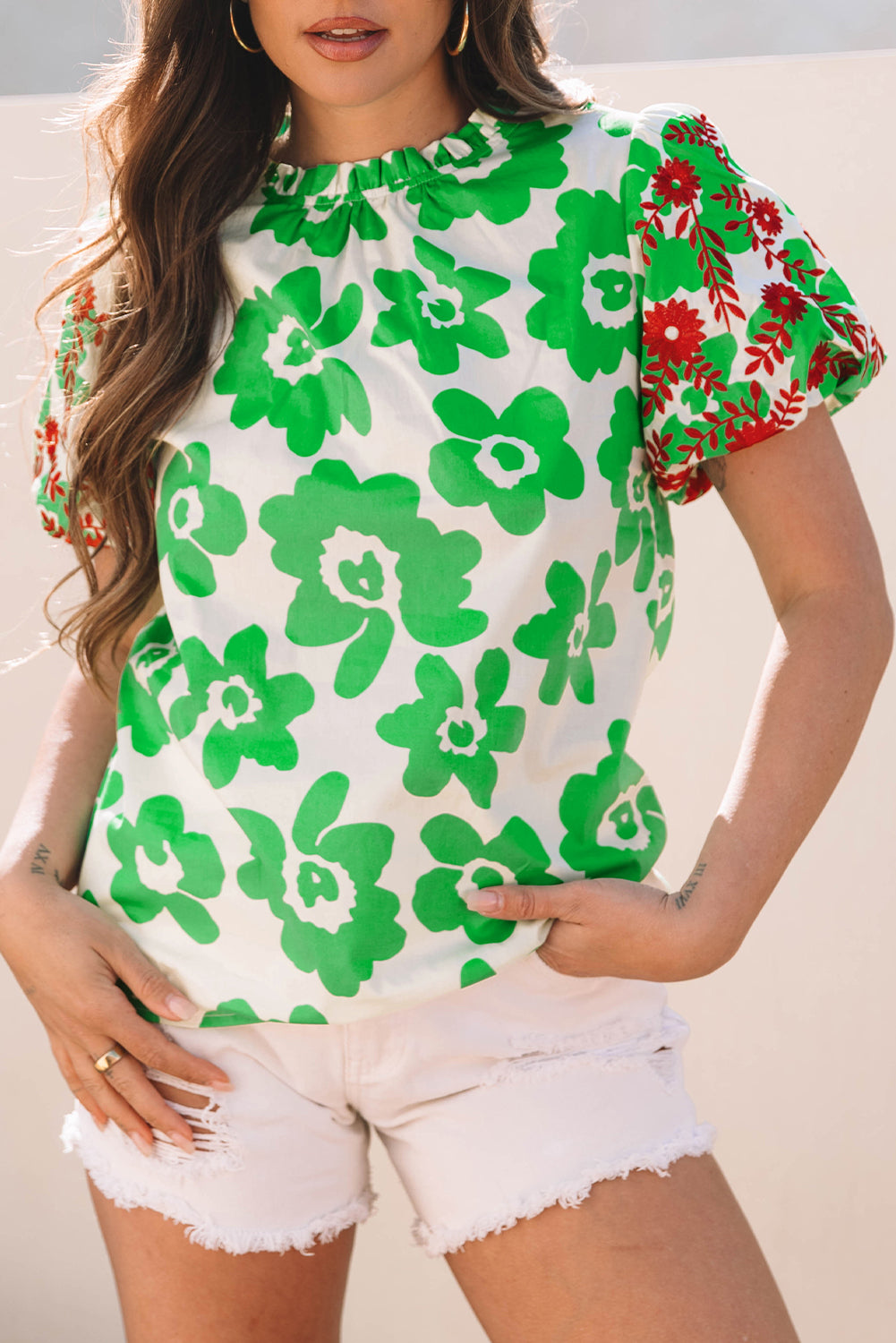 Green Contrast Embroidered Floral Blouse