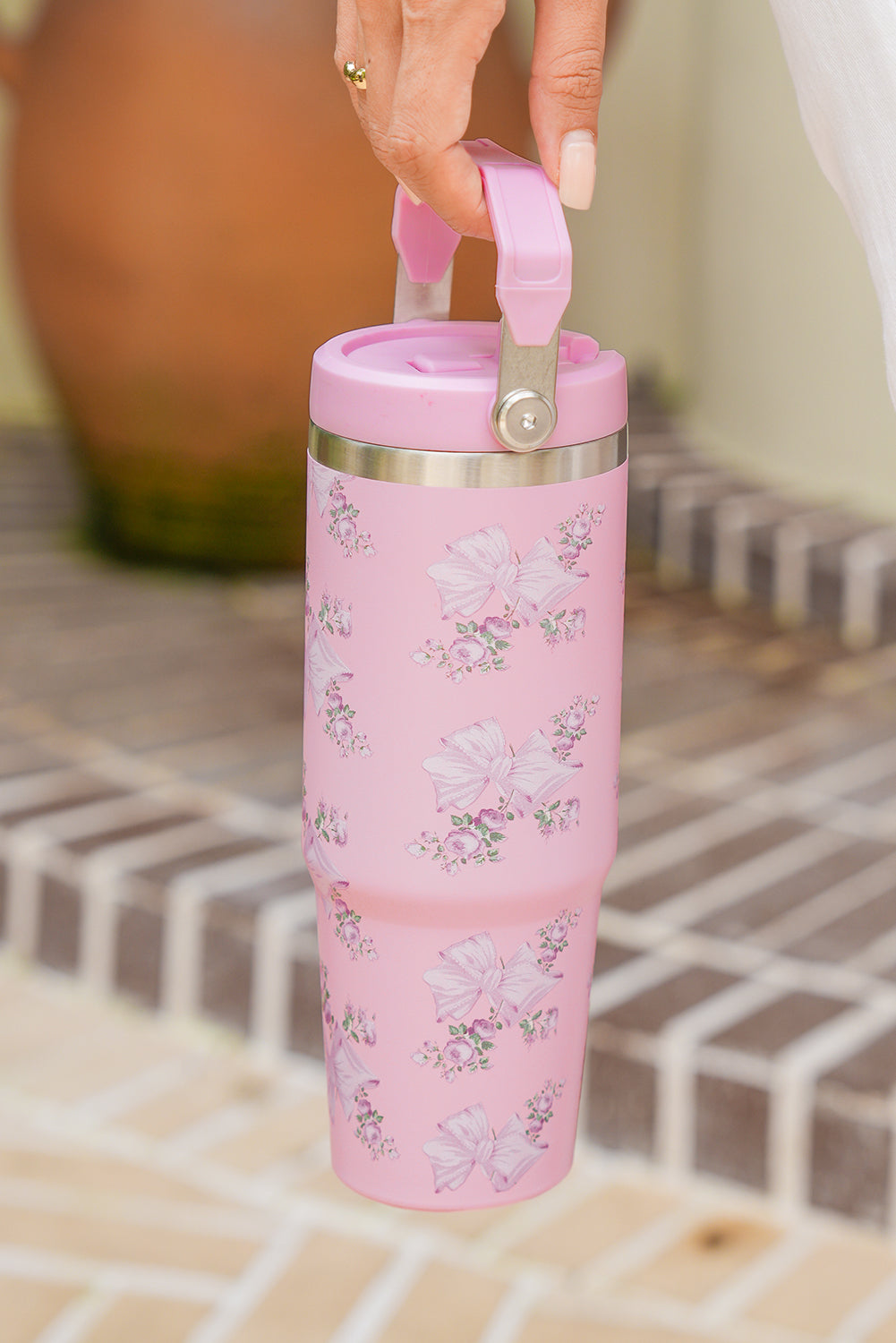 30OZ Bow Floral-Print Flip Handle Straw Tumbler