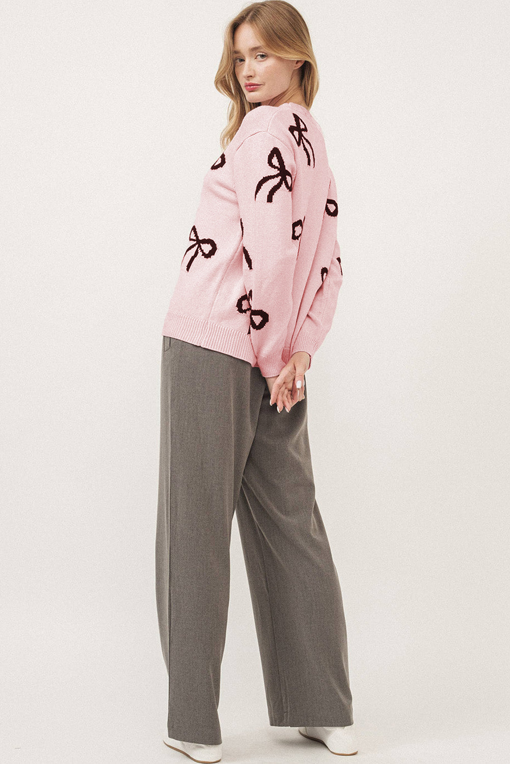 Pink Bow Pattern Knitted Loose Fit Sweater