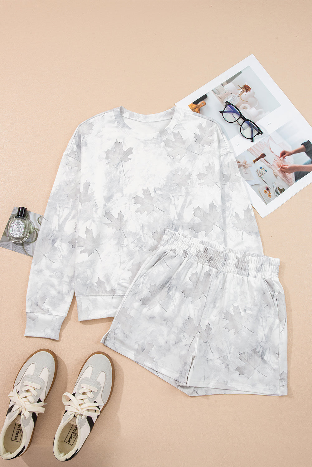 Print Maple Camo Pullover Top and Elastic Waist Everyday Short Set in Beige