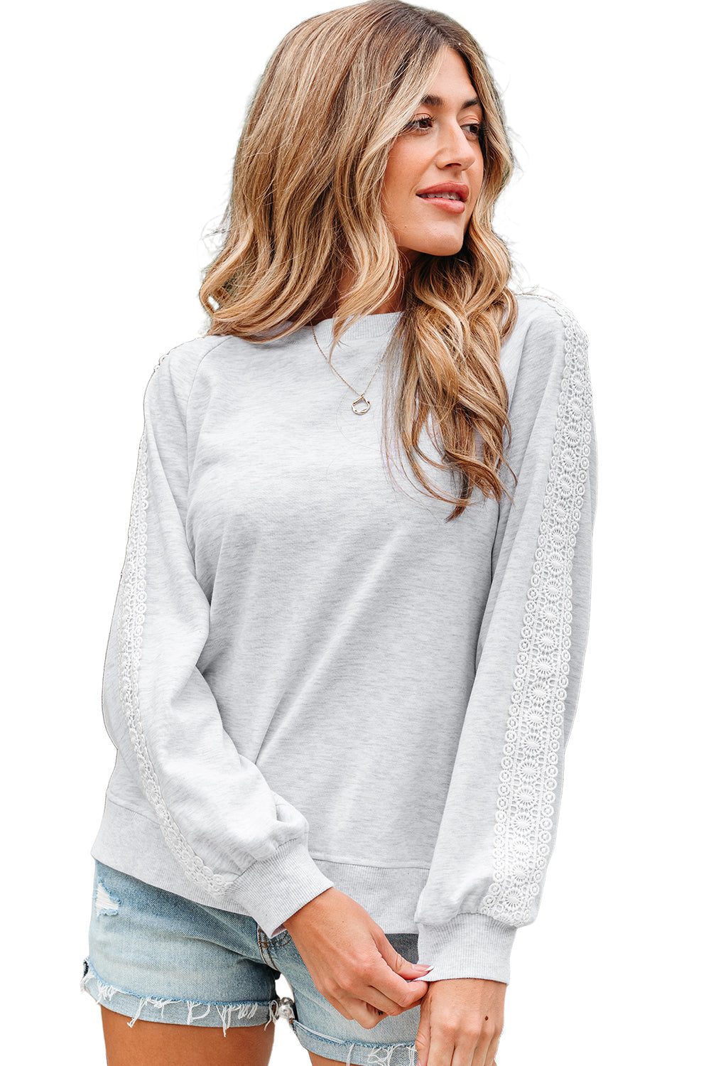 Lace Sleeve Patchwork Raglan Crew-Neck Sweatshirt
