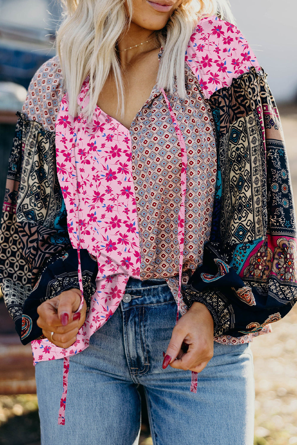 Boho Drop-Shoulder Mixed Floral Bubble Sleeve Blouse