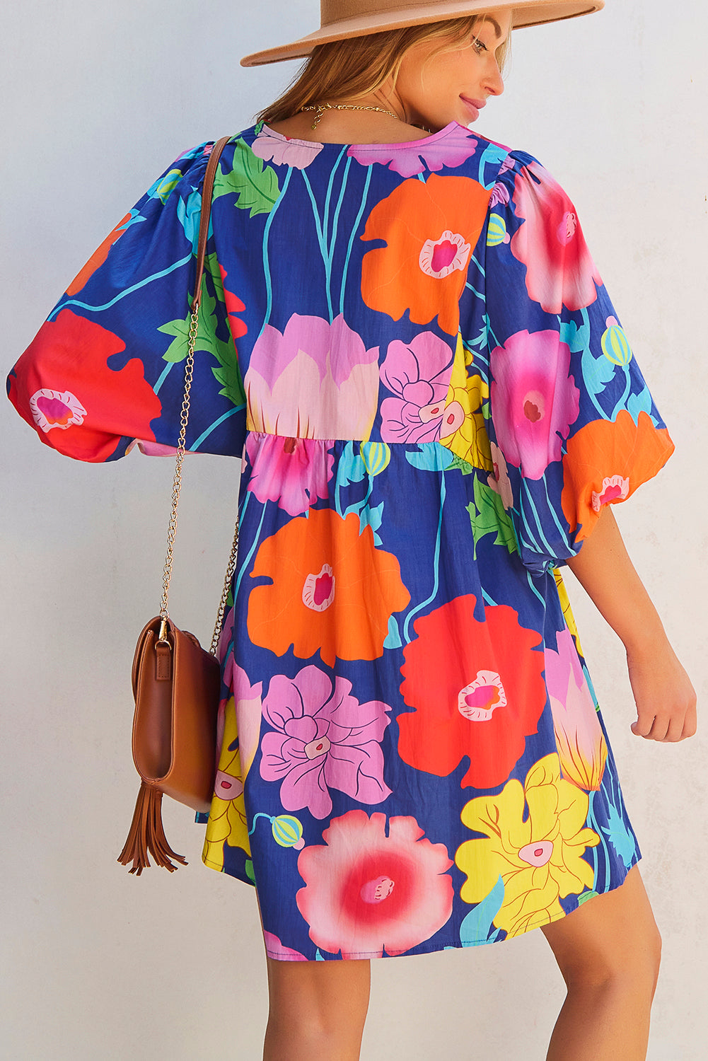 Floral-Print Split Neck Babydoll Dress