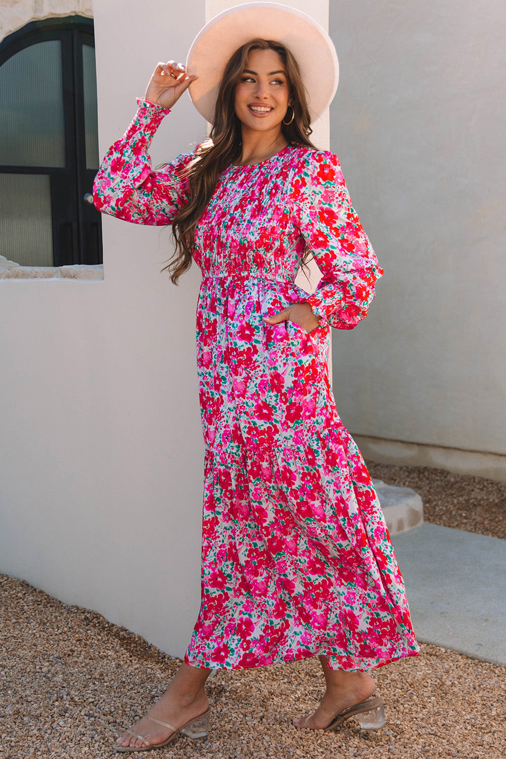 Floral Print Smocked Lantern Sleeve Tiered Maxi Dress