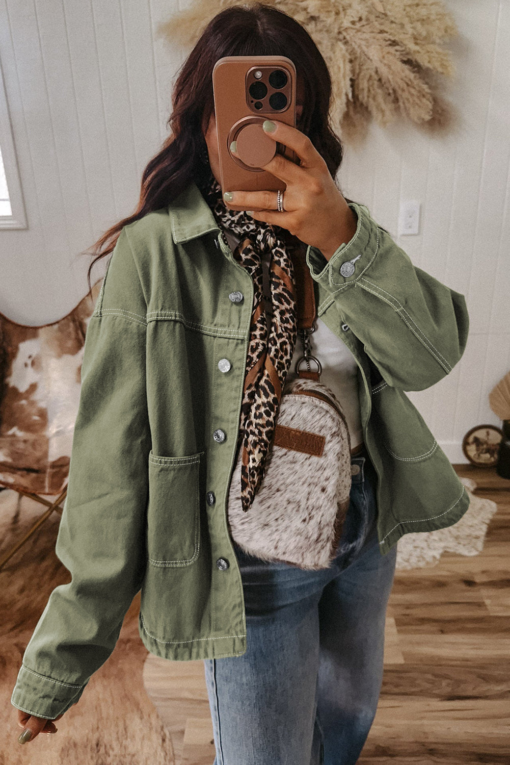 Collared Patched Pocket Button Front Boyfriend Denim Jacket