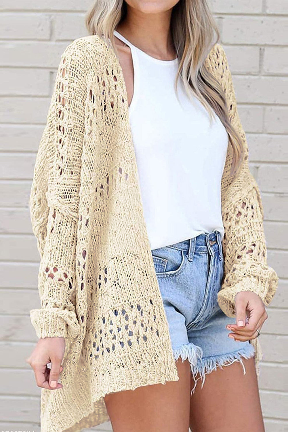 Women's Cardigan Featuring Apricot Everyday Hollowed Knitted Dolman Sleeve