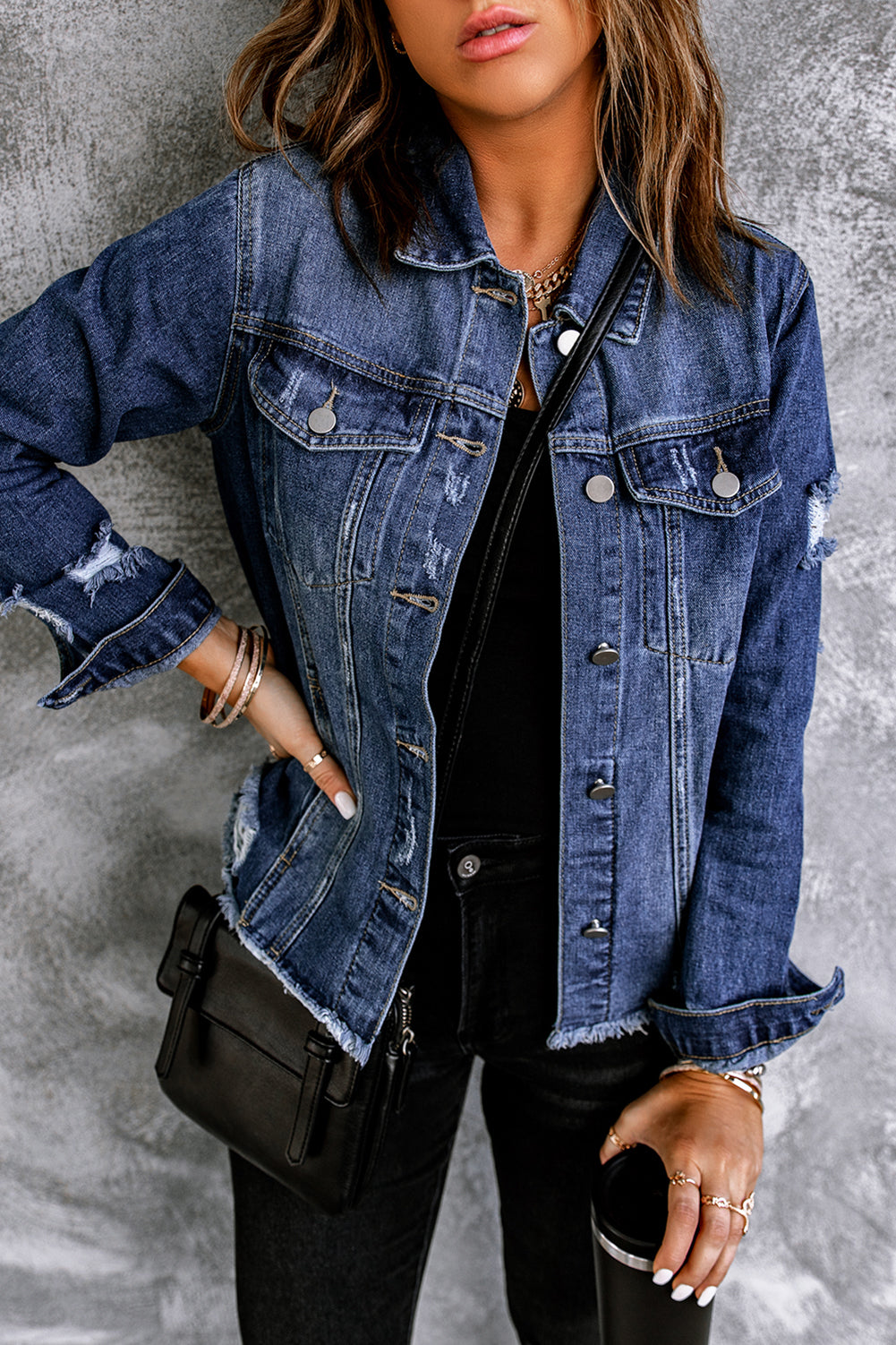 Women's Denim Jacket with Lapel Distressed Raw