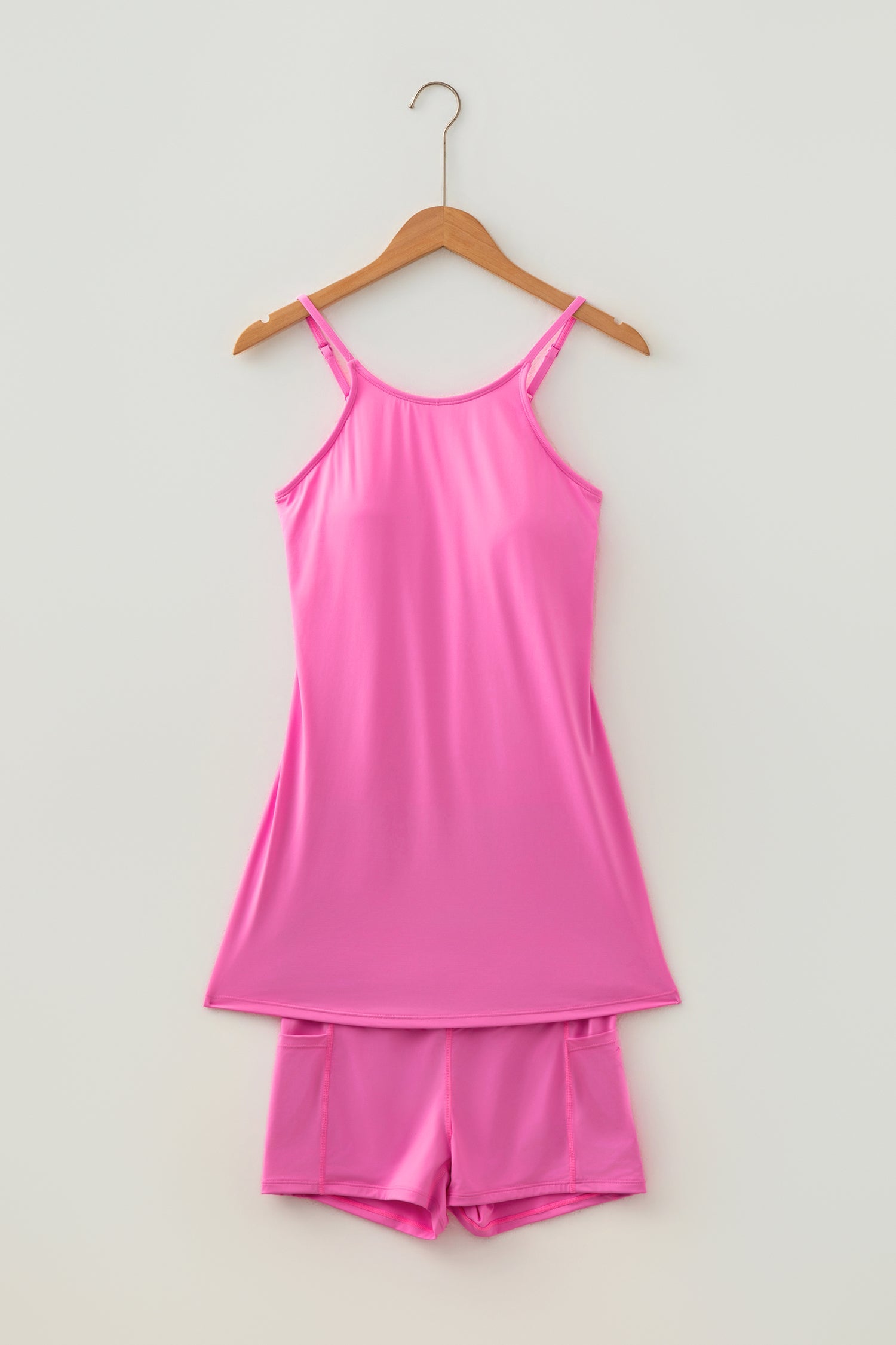 Solid Bright Pink Tunic Tank Dress Athletic Shorts 2-Piece Outfit