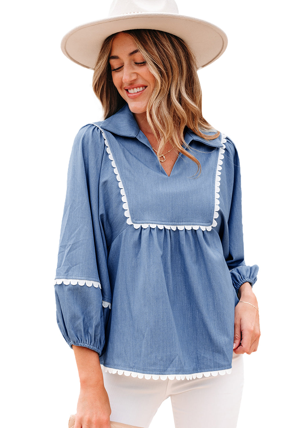 Ric Rac Lace Rac 3/4 Puff Sleeve Collared Babydoll Blouse