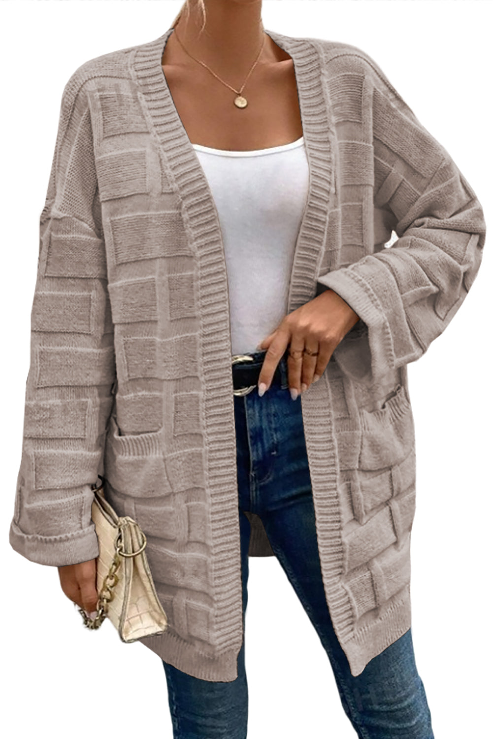 Textured Knit Open-Front Polished Cardigan Featuring Pockets