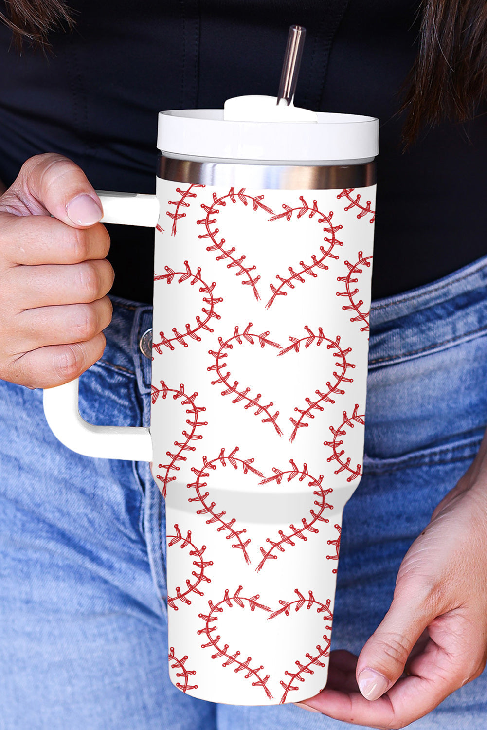 Heart-shaped Baseball Stainless Thermos Cup with Handle 40oz