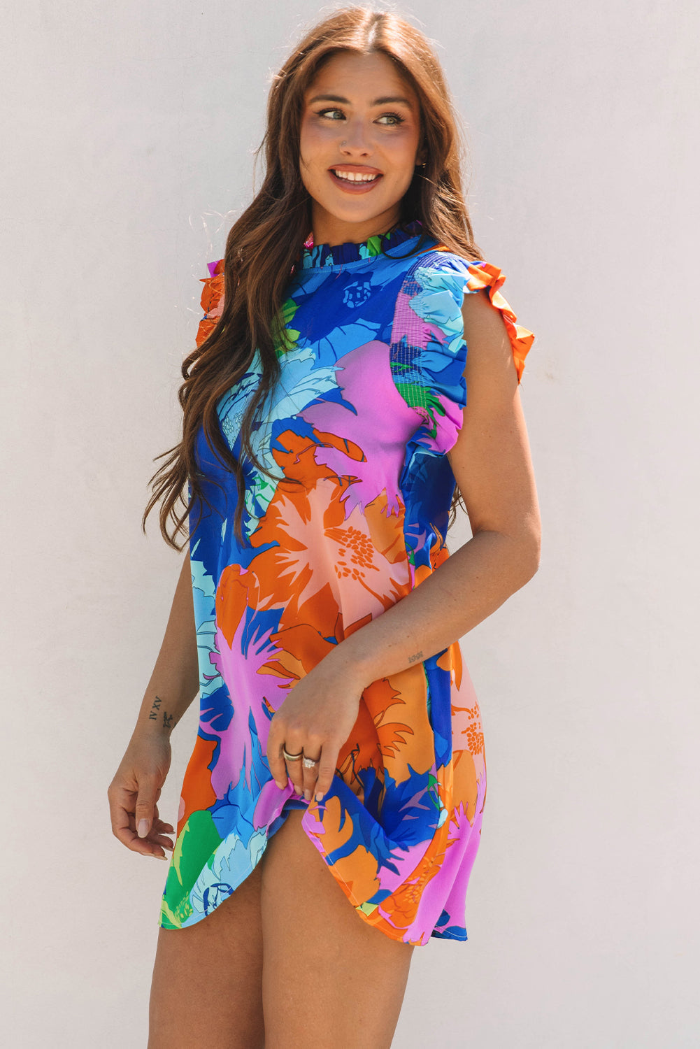 Bold Floral Flutter Sleeve Shift Mini Dress with Pockets