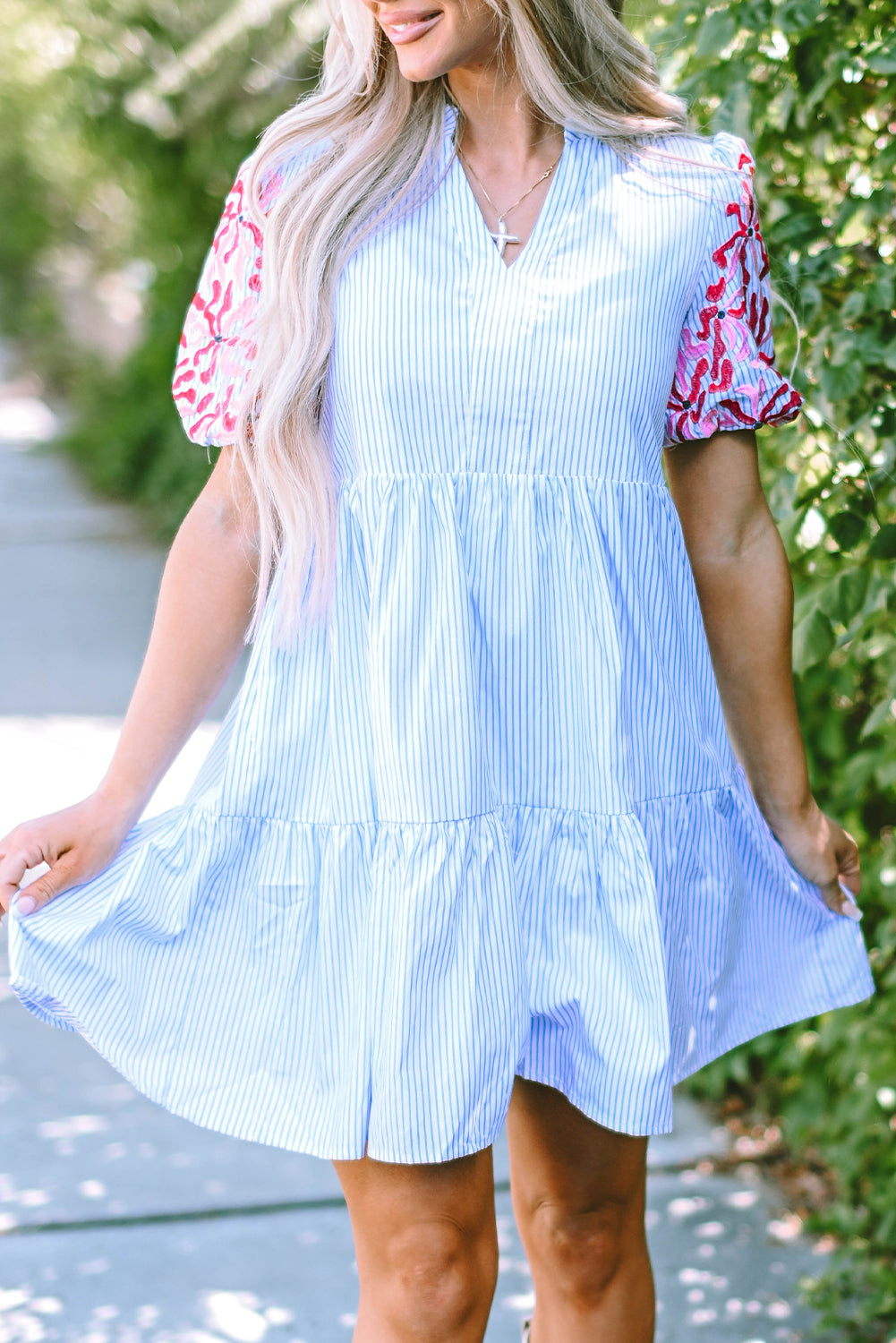 Women's Dress Featuring Balloon Sleeve Layered Ruffle-Trimmed Floral-Print