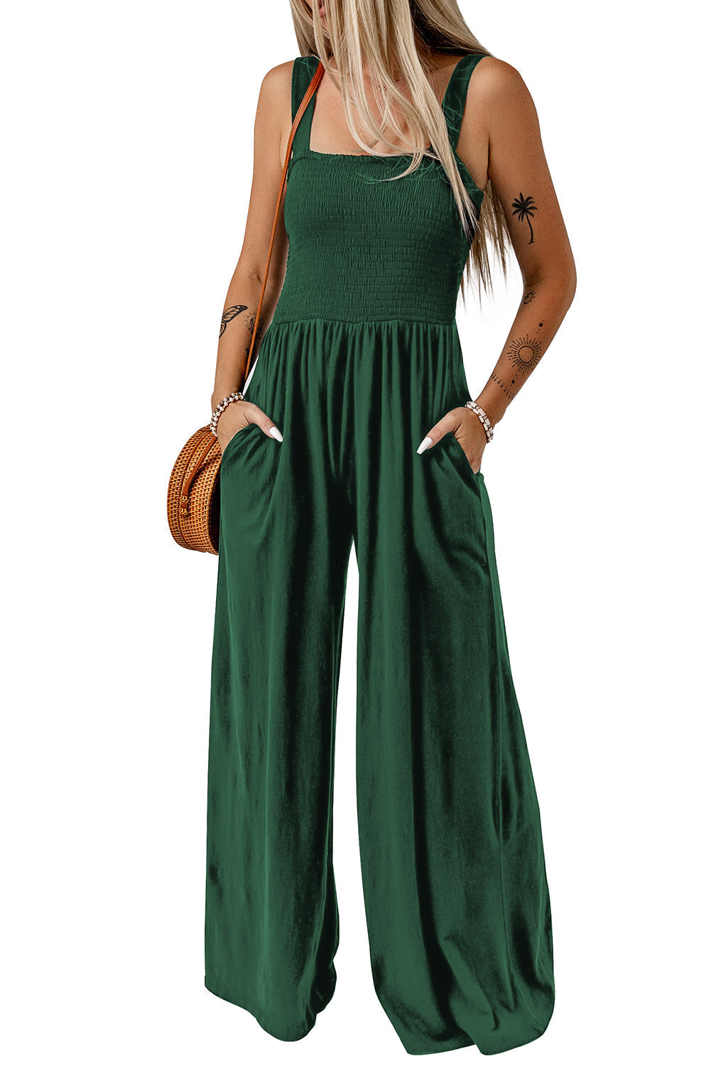 Women's Shirred Sleeveless Wide Leg Jumpsuit