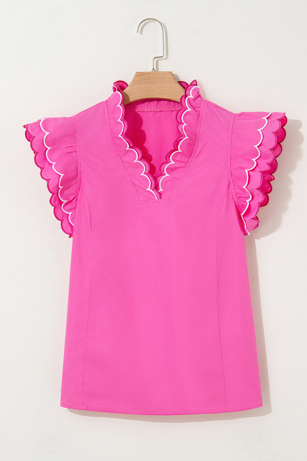 Trim Contrast Scallop Layered Short-Sleeved V-Neck Blouse