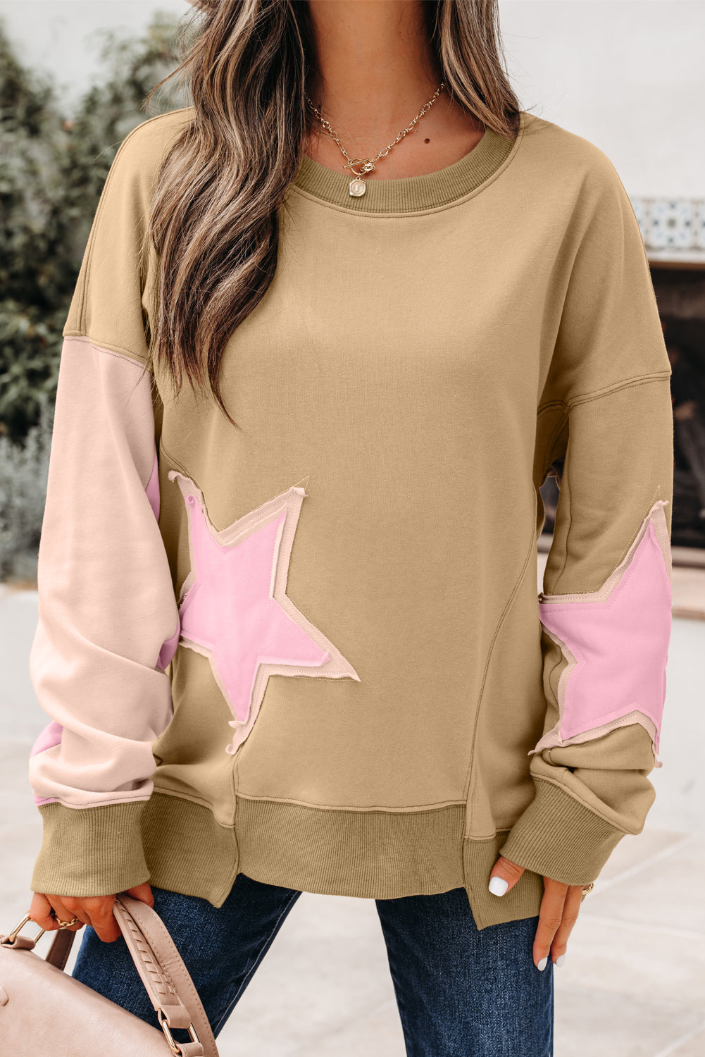 Patchwork Contrast Star Exposed Seam Uneven Hem Drop-Shoulder Sweatshirt