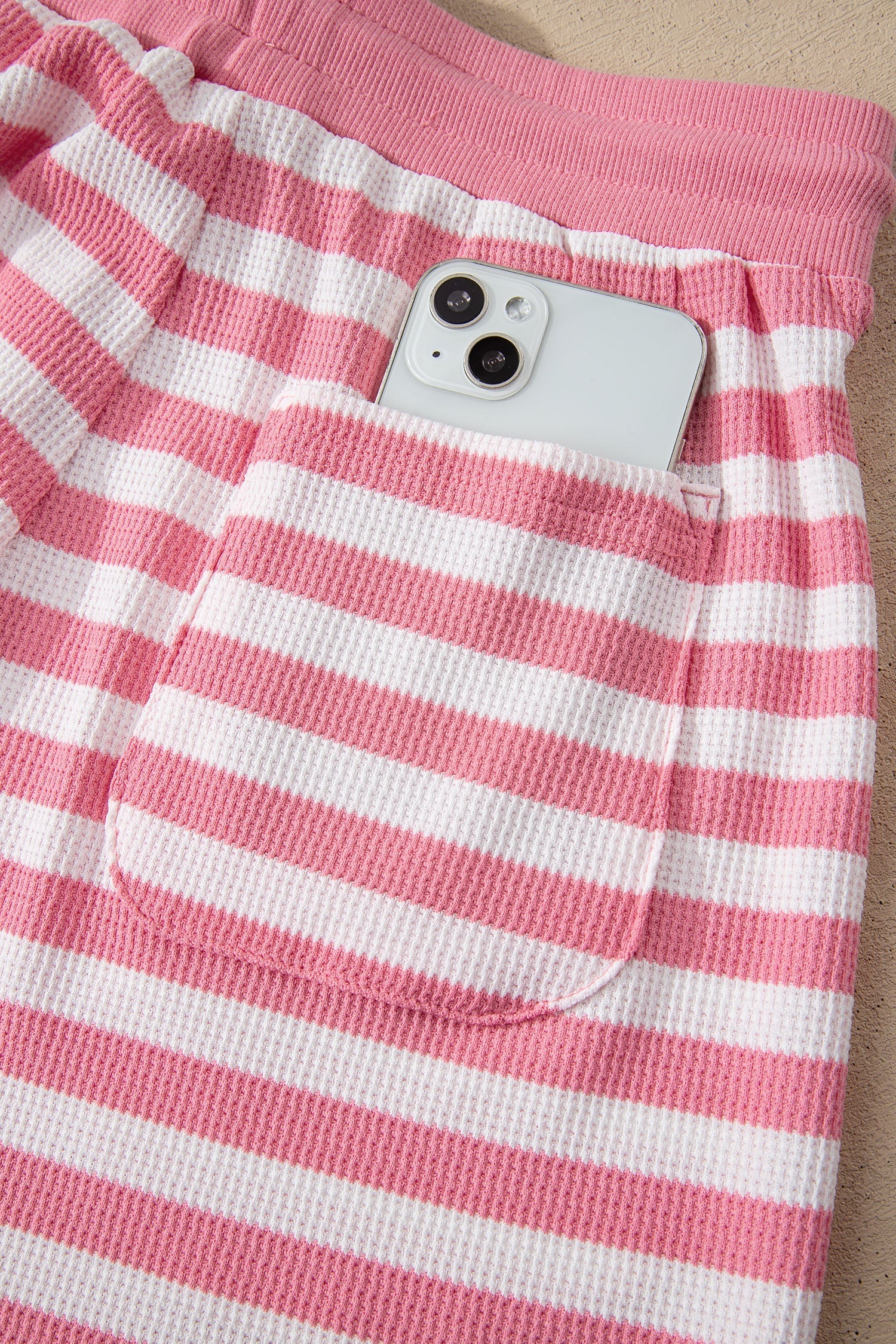 Short-Sleeved Stripe Puff T Shirt Matching Shorts Set in Pink