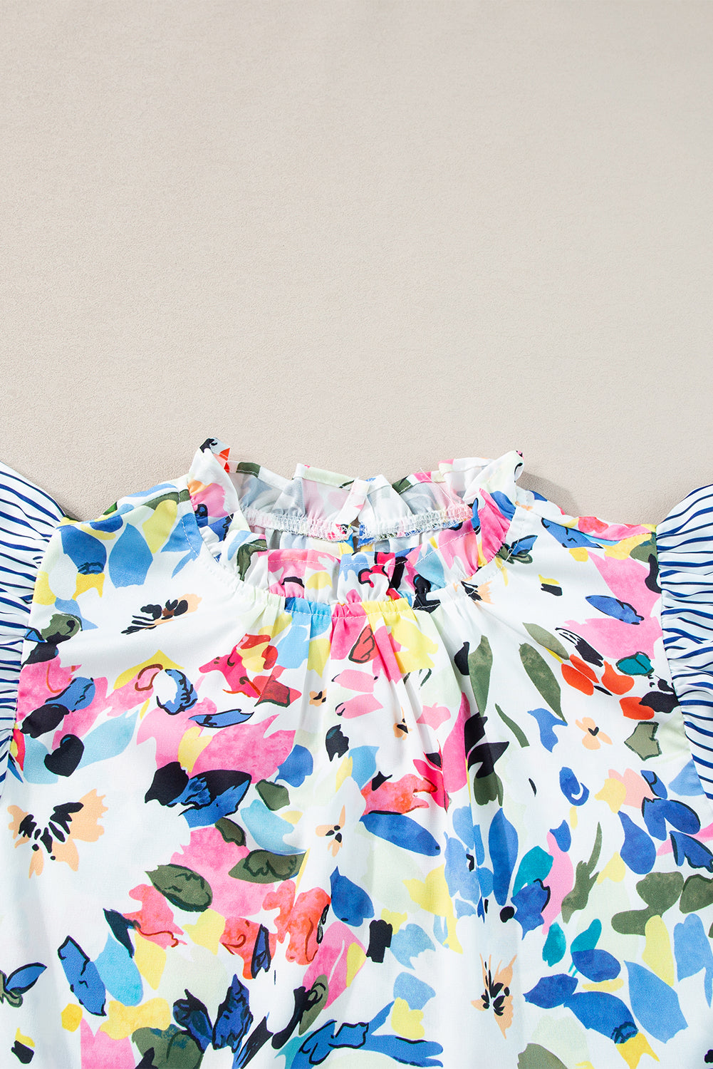 Women's Blouse with Floral-Print Print Striped Ruffle-Trimmed Sleeve