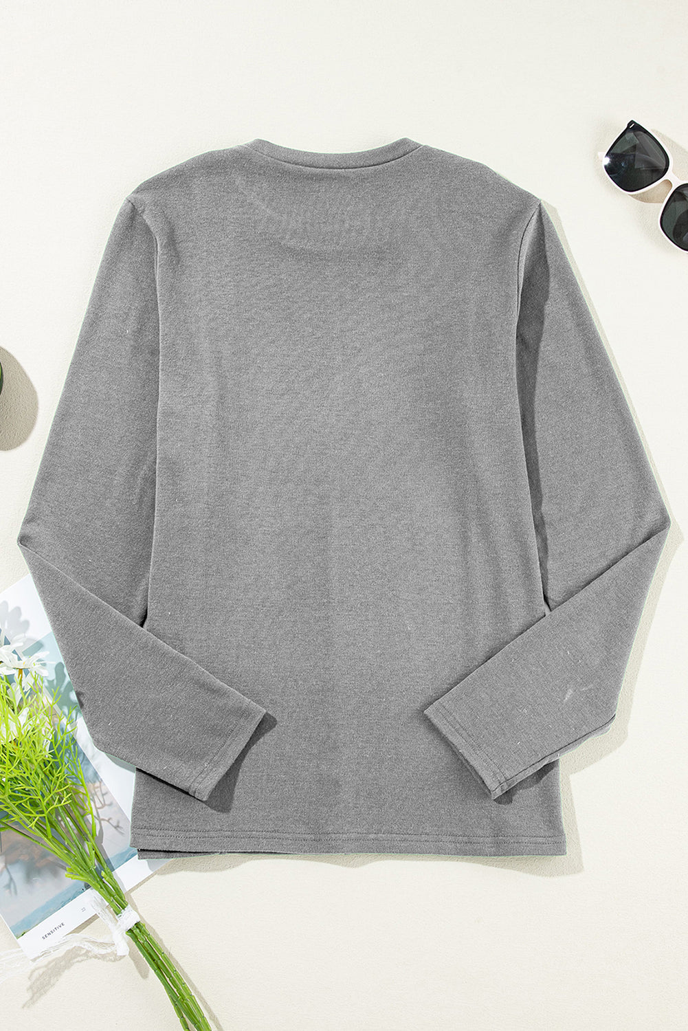 Light Grey Exposed Seam Crew-Neck Long-Sleeved Top