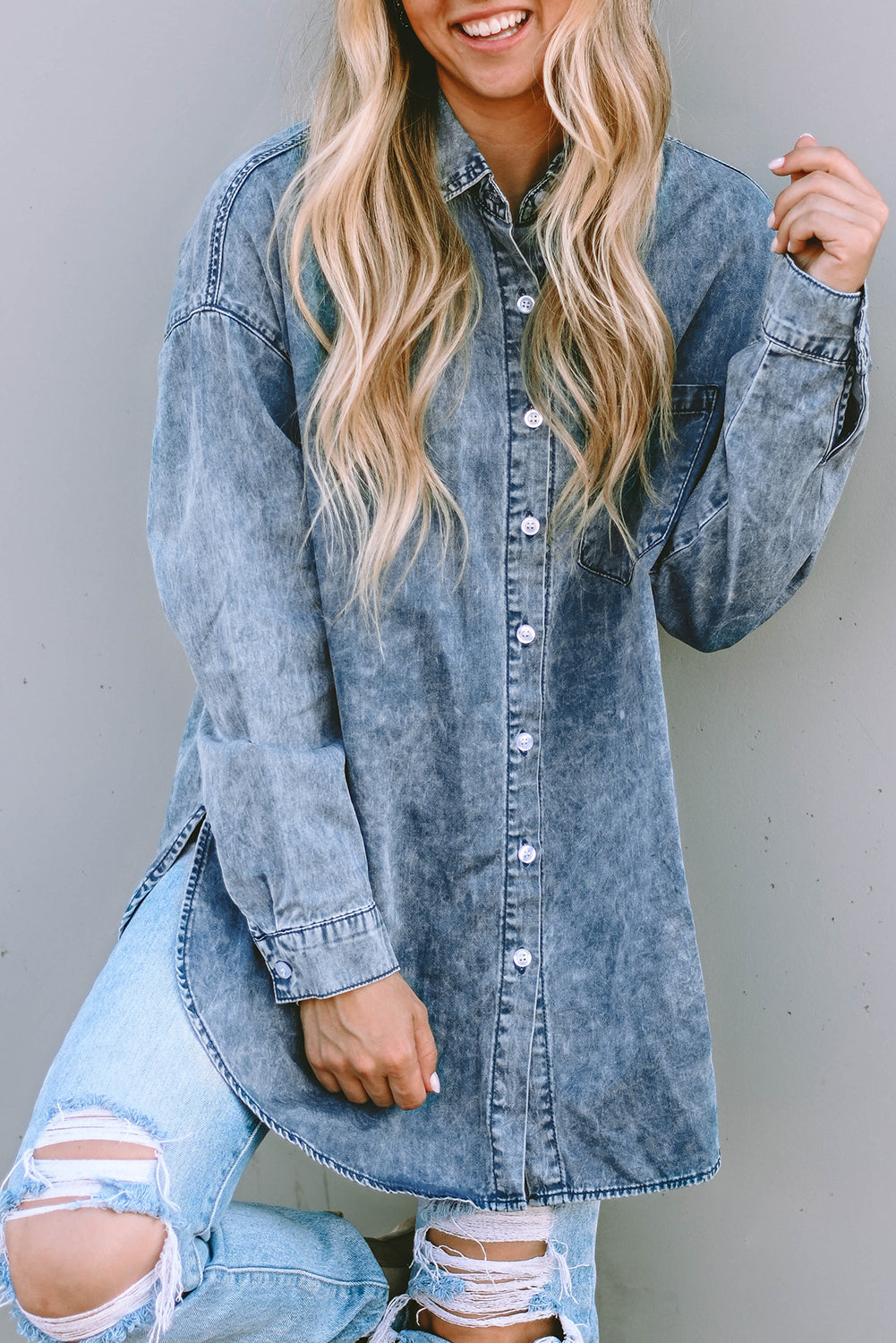 Women's Shirt Featuring Chest Denim Vintage Washed
