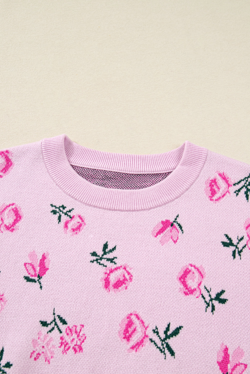 Drop-Shoulder Sweet Floral-Print Cropped Knit Top